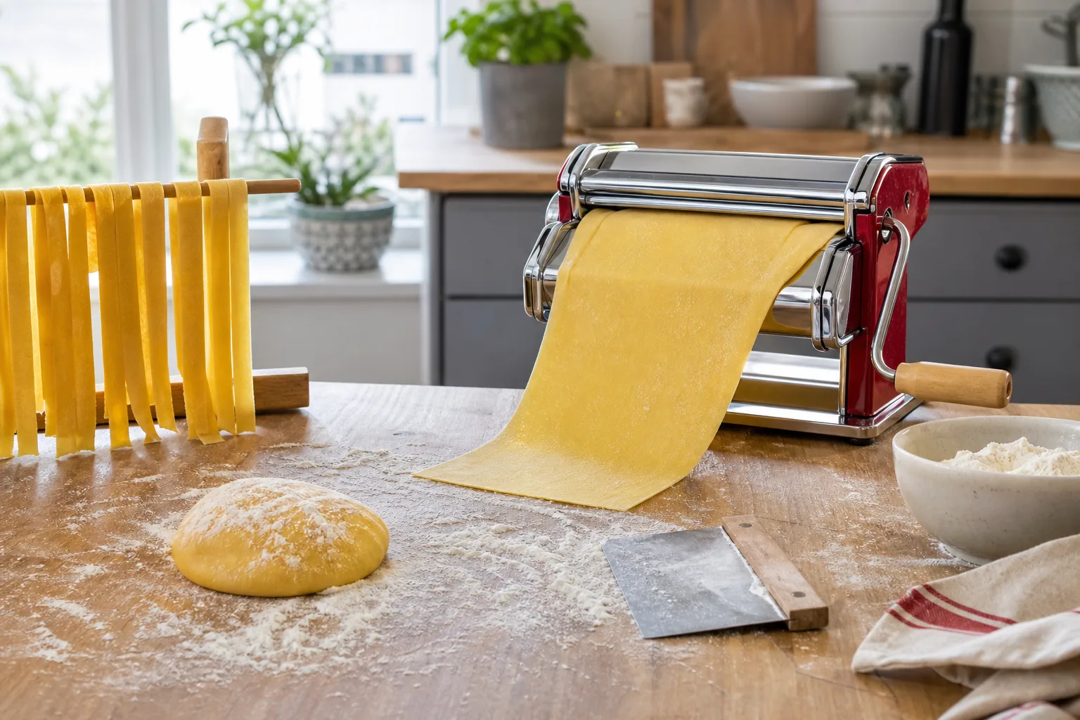 Degbit och pastaband framför valsmaskin på mjölat bord