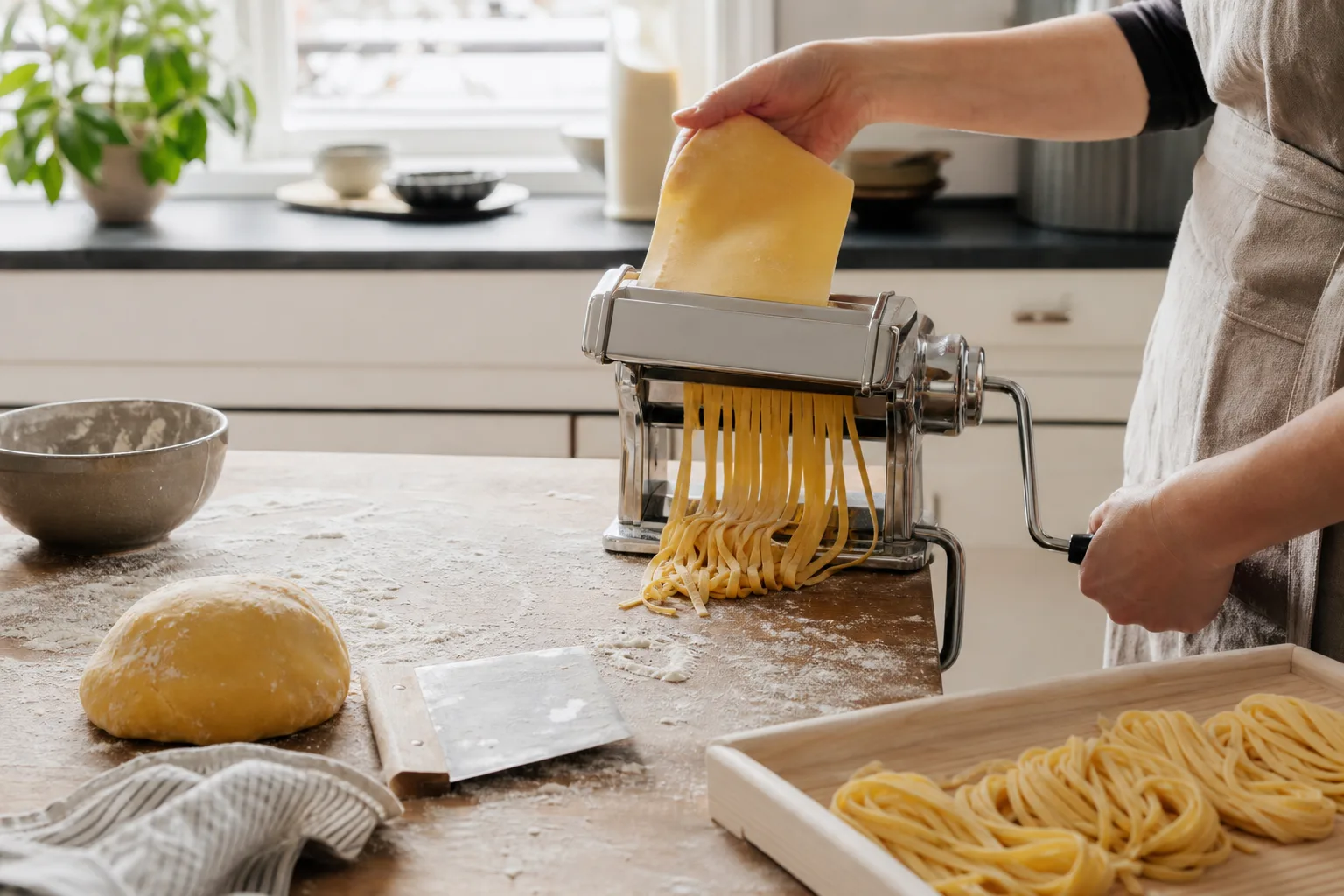 Pastamaskin med deg och färdiga pastaband på köksbänk