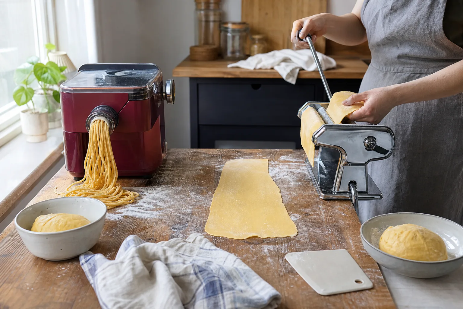 Elektrisk pastapress och handvevad valsmaskin bredvid varandra