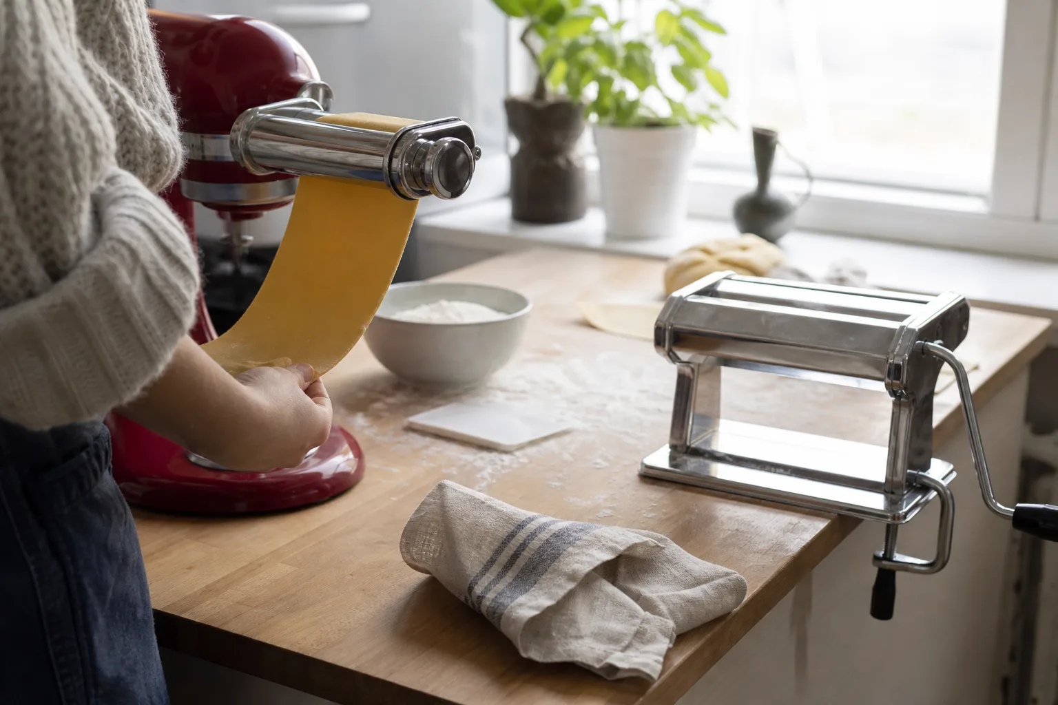 Pastatillsats på köksmaskin bredvid fristående valsmaskin