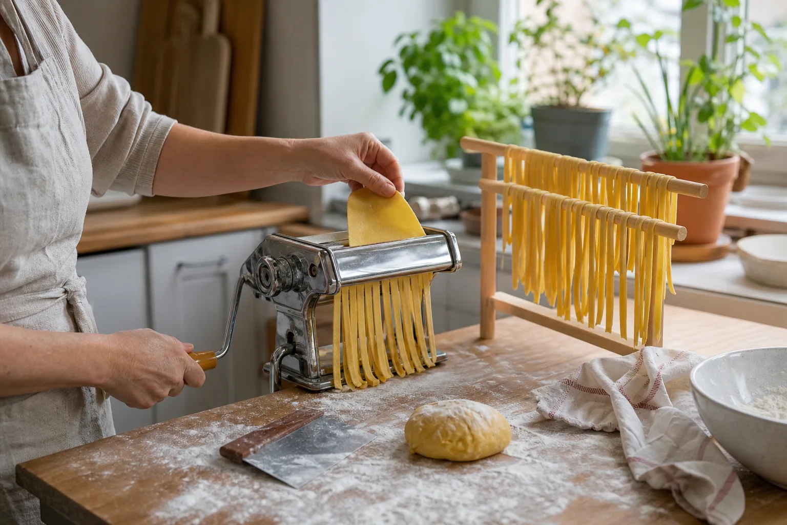 Pastamaskin med skärvalsar och pastaband på torkställ