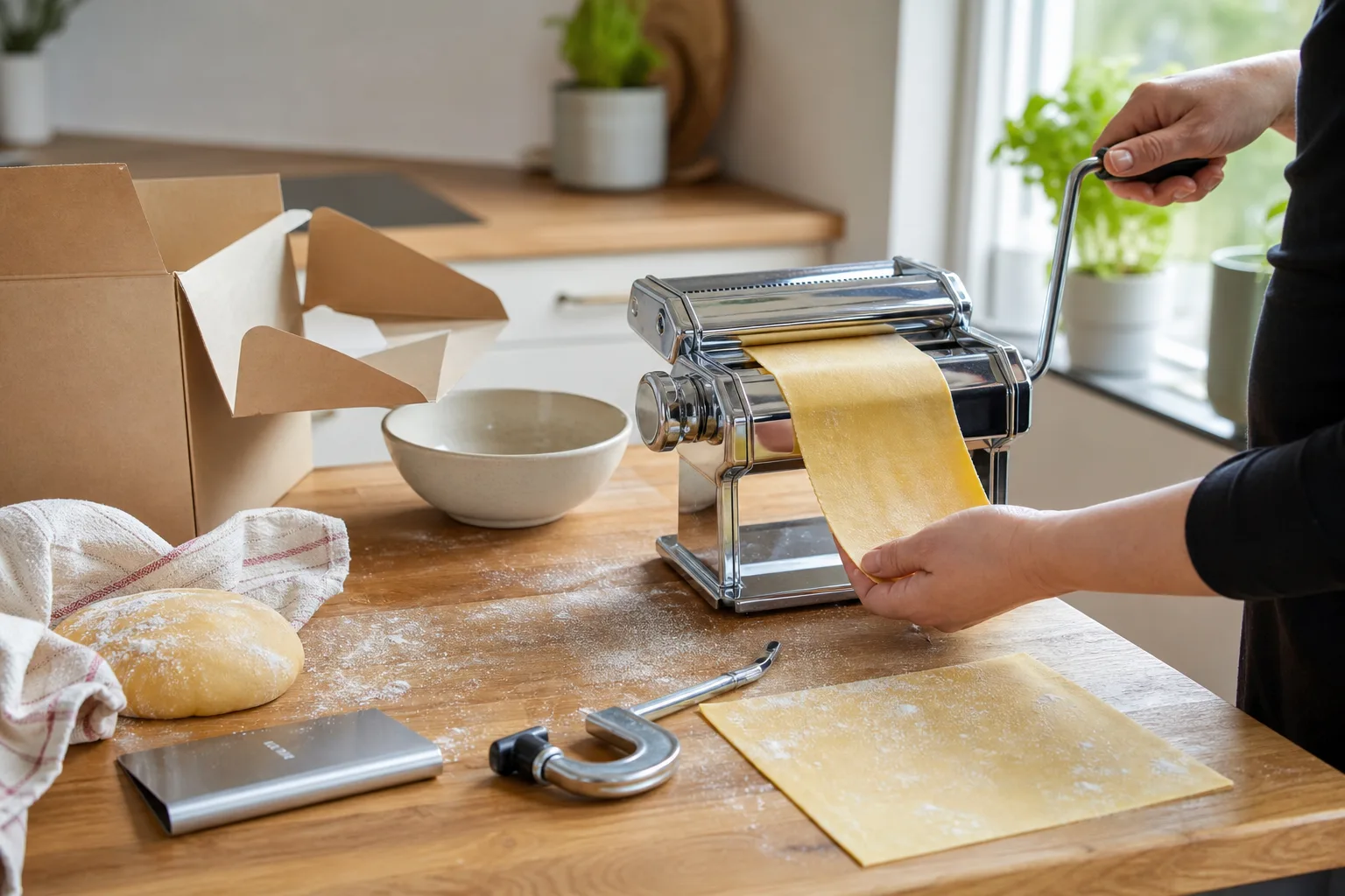 Generisk pastamaskin med klämma och degark på köksbänk
