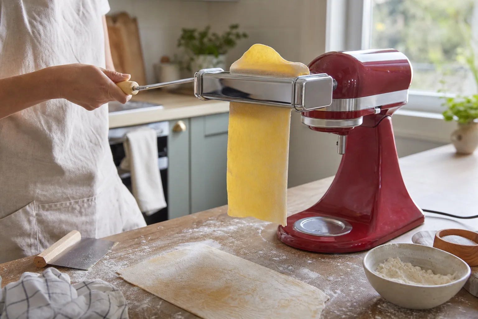 Pastavals på pastellfärgad köksmaskin med degark