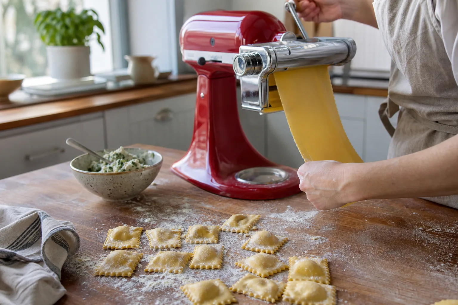 Raviolitillsats som formar fyllda pastarutor på bord
