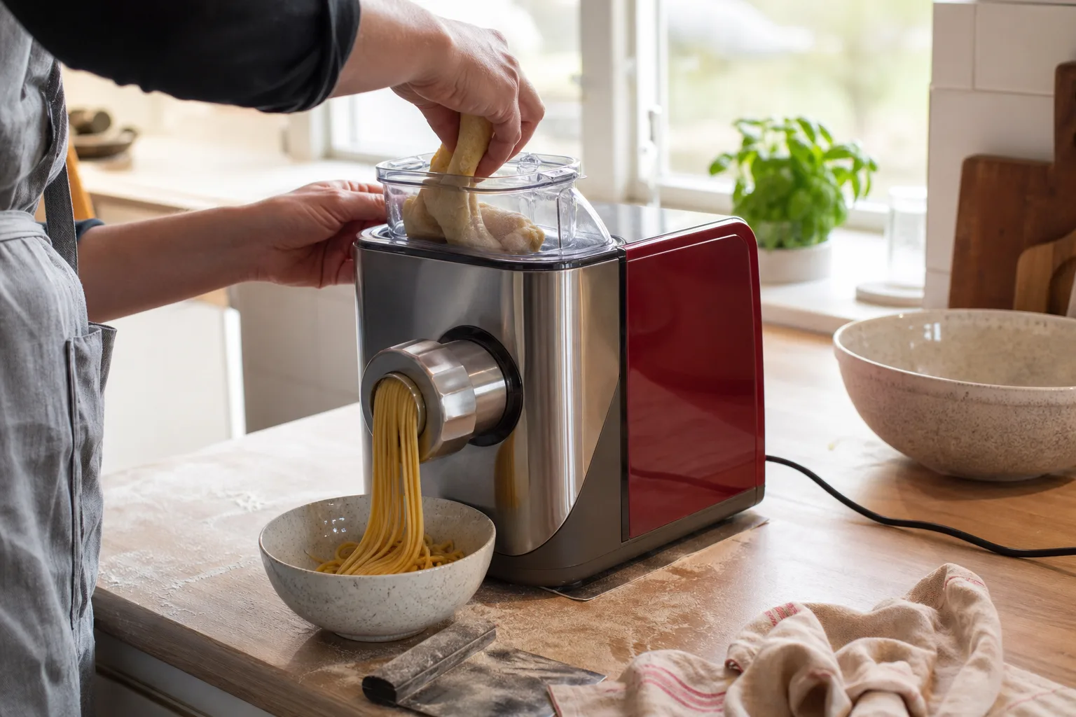 Elektrisk pastapress som pressar strängar ner i en skål