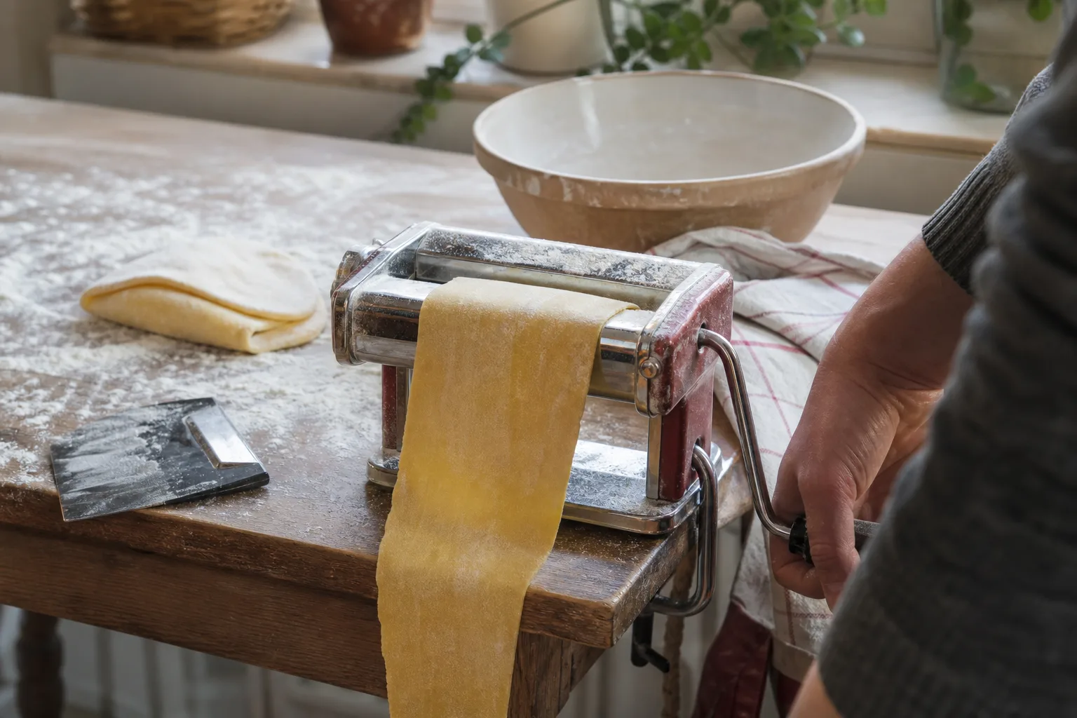 Handvevad pastamaskin med degark vid köksbord