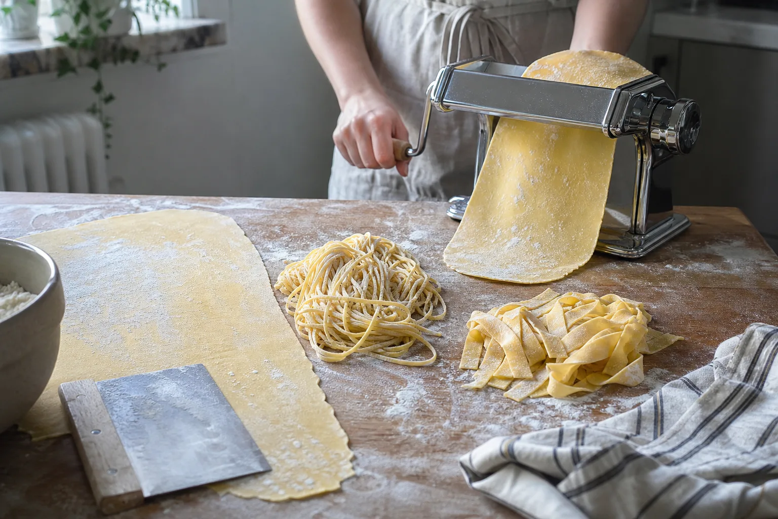 Nudelband och breda pastaband bredvid en valsmaskin