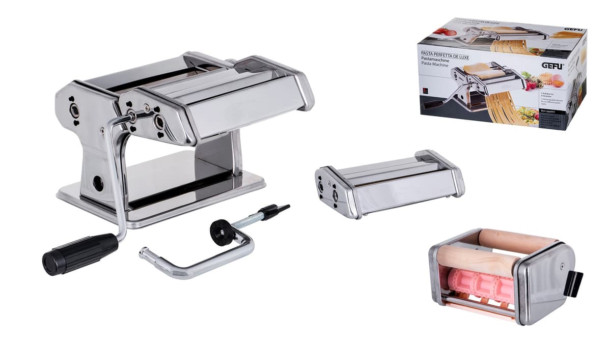 GEFU Pasta Perfetta de Luxe 28300 med sina tre utbytbara tillsatser